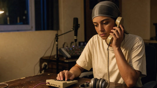 Singer holding an old landline handset to one ear in a dim studio