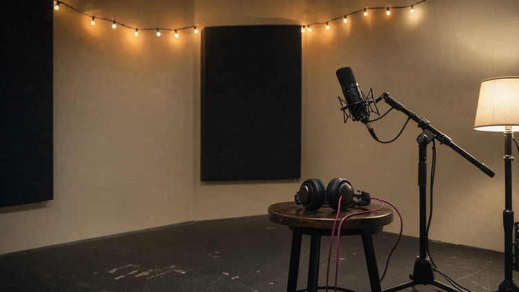 Empty studio corner with a mic on a stand and headphones on a stool