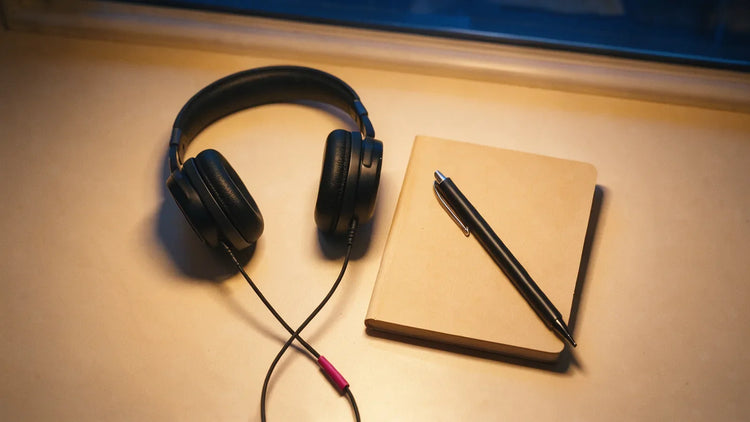 Flat-lay of headphones, a closed notebook and a pen on a desk in warm studio light