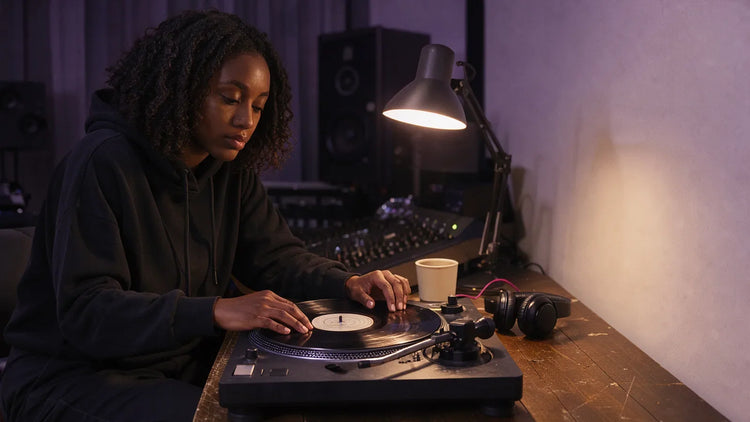 Hazy purple-lit studio at night, one producer beside a turntable, cup on the desk, cinematic