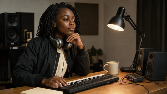 One singer at a clean desk with headphones around the neck, thoughtful expression, daylight